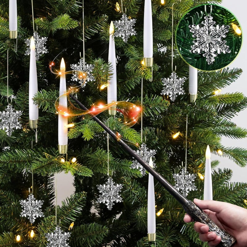 Sunjas Store Christmas Tree Candles with Magic Wand 12 Pack Flameless Candles for Christmas Tree Flickering Battery Operated LED Candle for Holiday Home Party Decor with Snowflake - Image 1